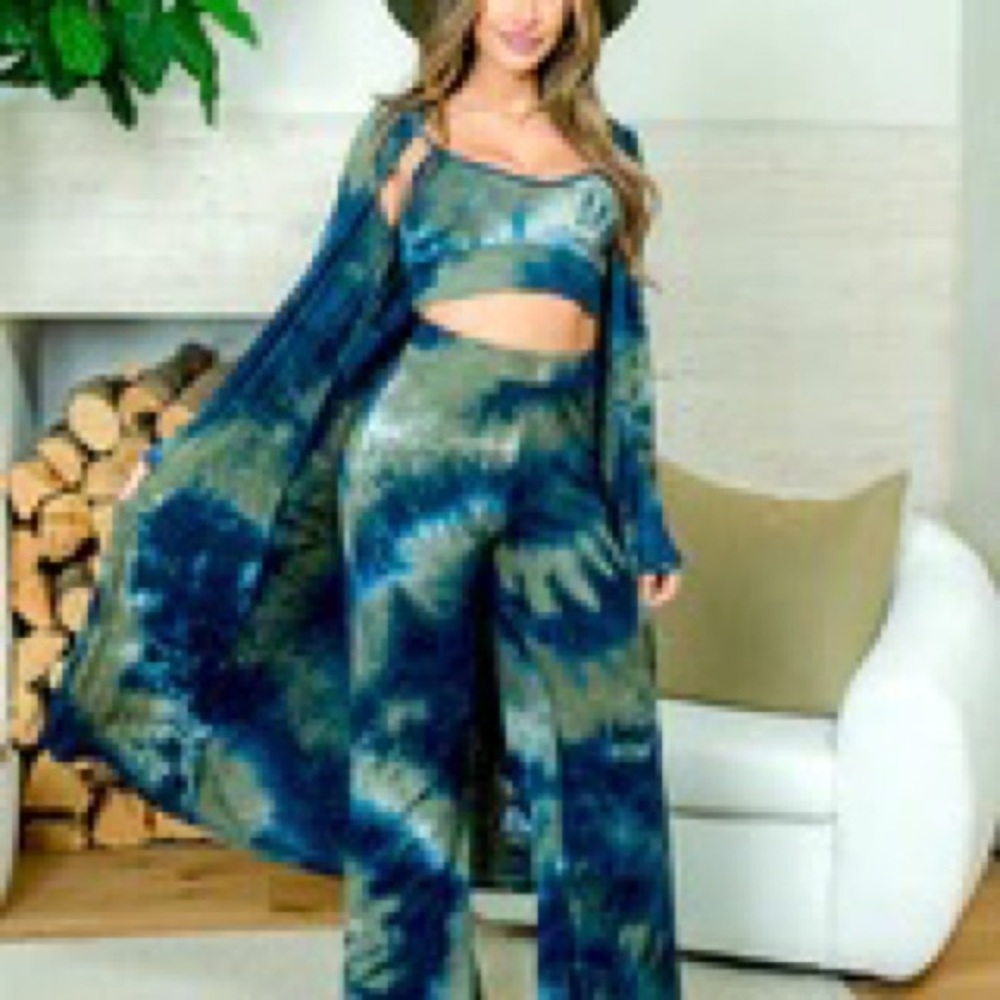 NEW Crop Tp, Flare Pants & Tie Dye Duster Set - Dustr,Top,High Waist Flare Pants